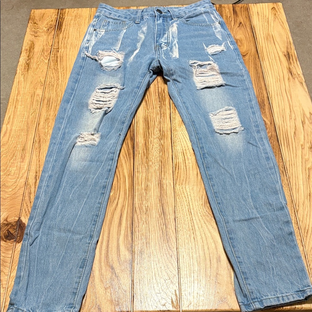 SHEIN Straight Blue Jeans with Pink rip effects Classic Fit NWOT